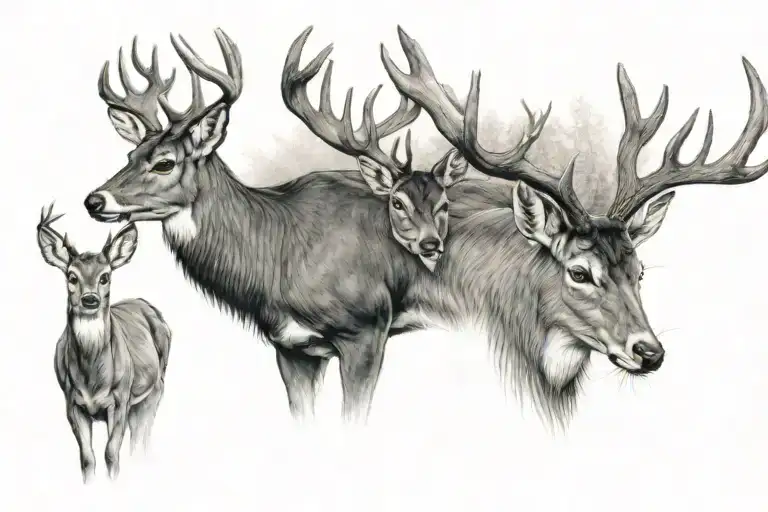 Large buck with a young buck, a doe, and a young doe tattoo design idea