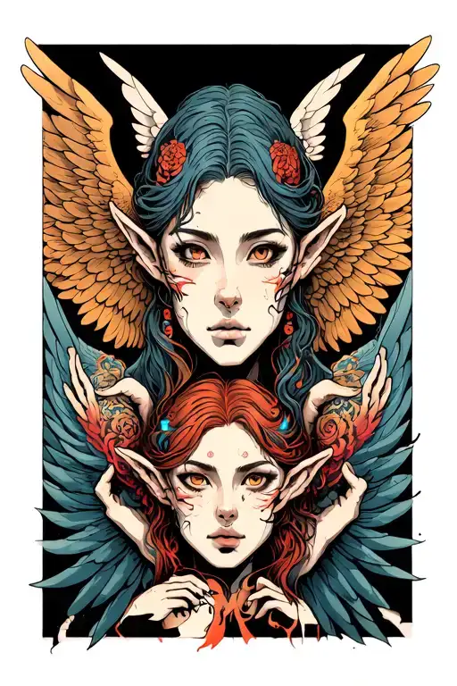 Sketch of a tattoo on the throat of three angels, the first has his ears covered with his palms, the second has eyes, the third has a mouth in cyberpunk style tattoo design idea