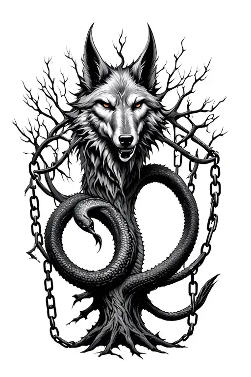portrait Fenrir in broken chains below the tree of life with the world serpent wrapped around it. Nordic style tattoo tattoo design idea