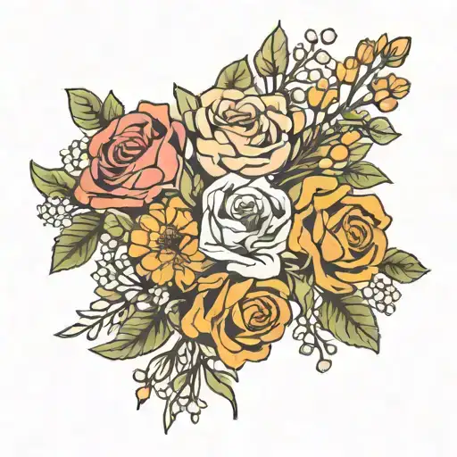 minimalist, bouquet, roses, honeysuckle, daisies, sweet pea, marigold, cosmos tattoo design idea