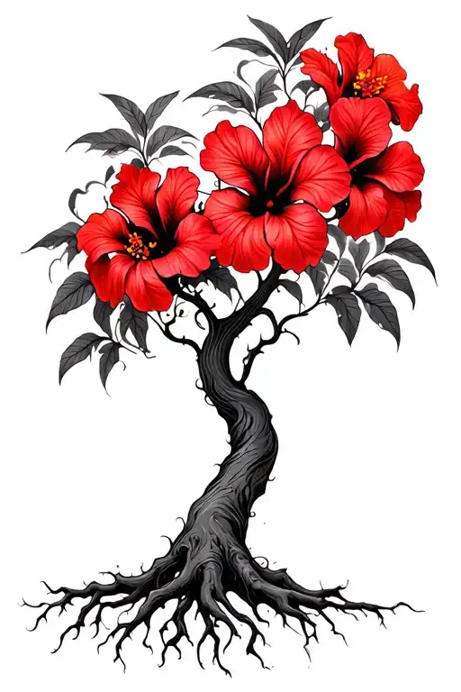 psychedelic hibiscus tree with faded red hibiscus flowers and roots tattoo design idea