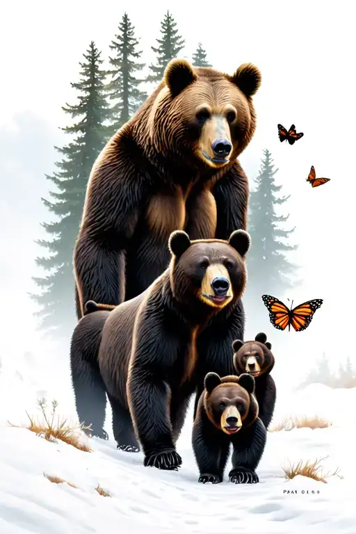 Papa bear and 3 black bear cubs and 2 monarch butterfly walking in the wilderness trees tattoo design idea