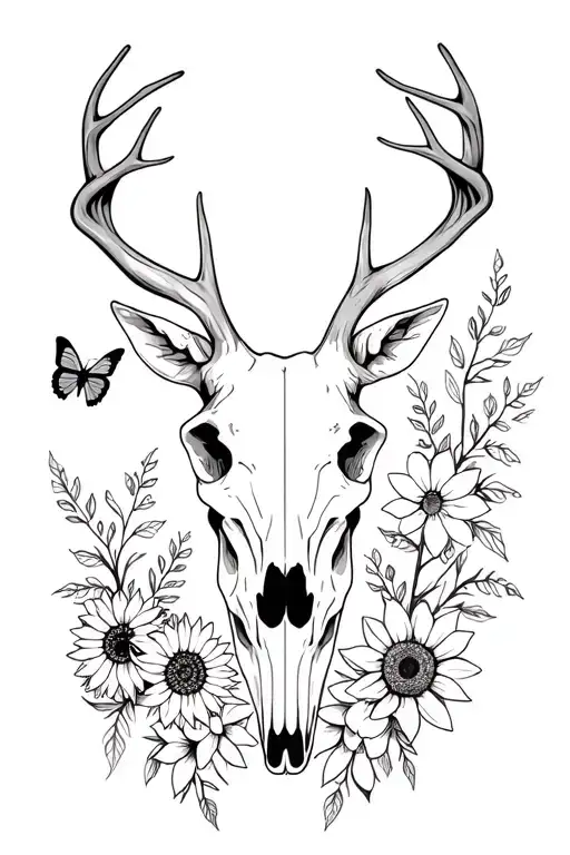 Deer skull, sunflower, snow drop, butterfly, other flowers and vines tattoo design idea
