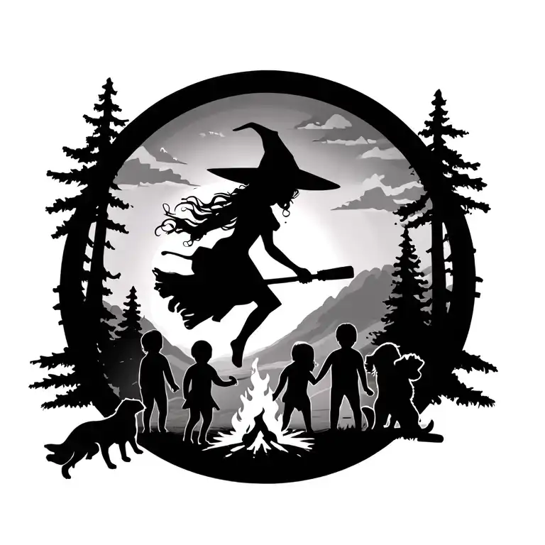 silhouette of sexy witch flying on broomstick with 3 boy children & 2 dogs over a campsite with a camper and campfire tattoo design idea