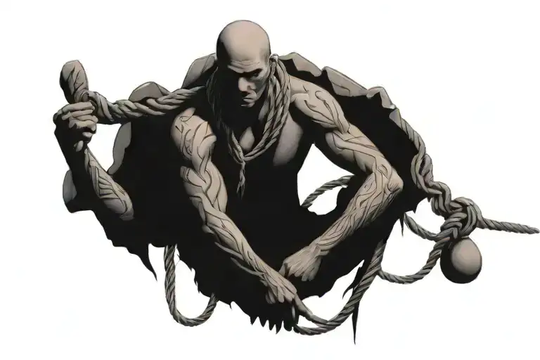 man tied to three rocks by rope intertwined tattoo design idea