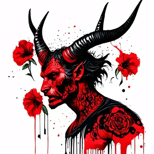 devil with hollyhocks on the horns tattoo design idea