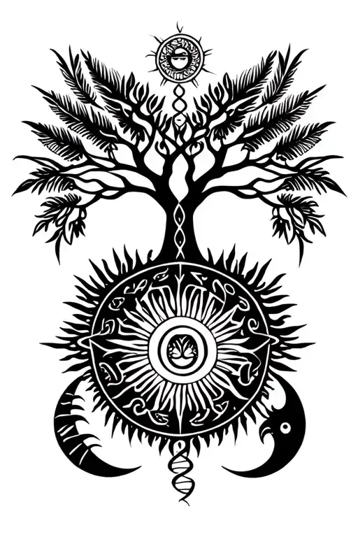 tribal design including army elements, tree of life, dna strand, goddess sun and moon in cente, dragon, hawaiian islands tattoo design idea