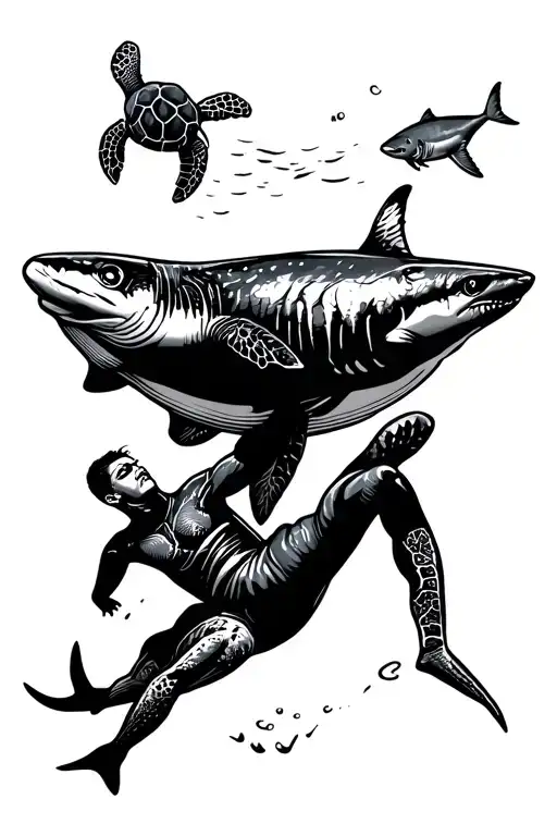 a stylized, kinda minimal freediver diving down a line, along the line different marine animals (turtle, shark, whale... tattoo design idea