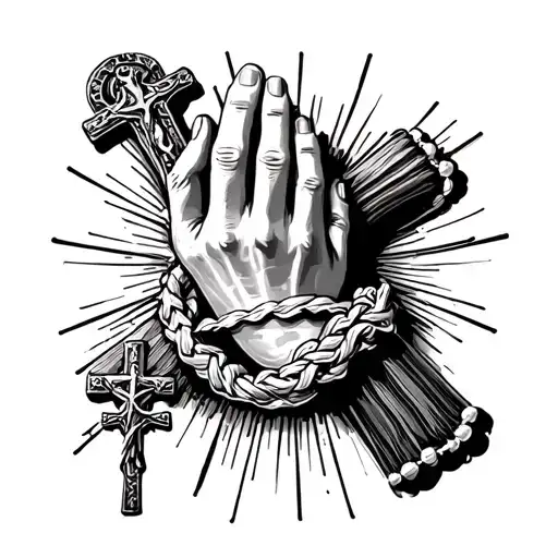 cross praying hand rosary conch shell wrapped memory for brother tattoo design idea