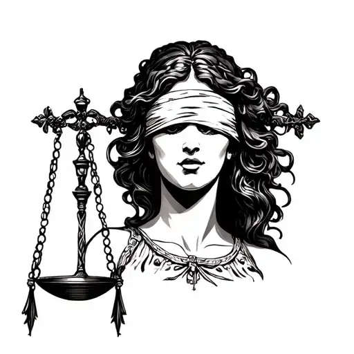 "And justice for all " lady justice with blindfold tattoo design idea