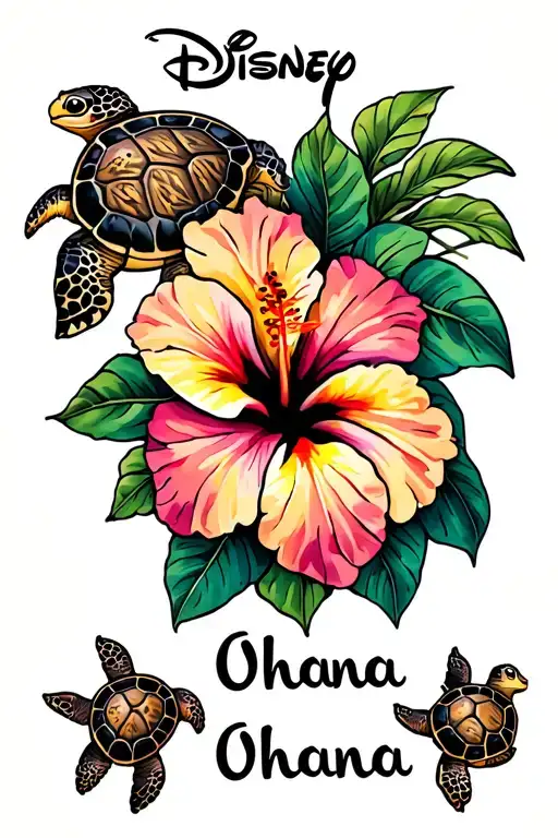 Hawaiian tattoo incorporating the word "Ohana" in Disney script, three small sea turtles and a colorful hibiscus.  tattoo design idea