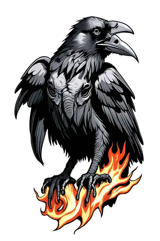 A Raven with a skull head and elephant feet soitting fire tattoo design idea
