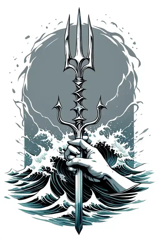 trident wirh waves crashing and hand pulling down trident no background tattoo design idea