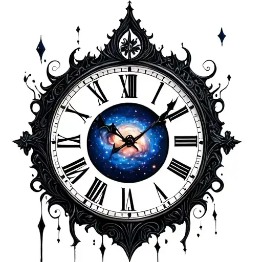 analog clock and galaxy tattoo design idea