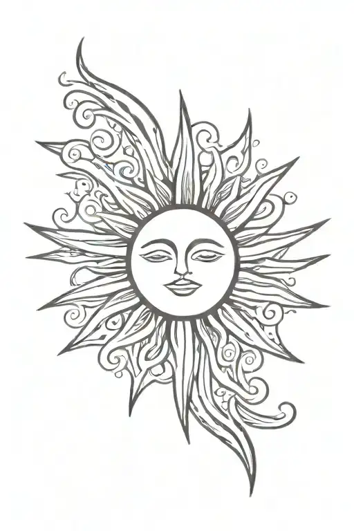 A stylized sun with flowing rays. The sun is half-circular, and the rays are wavy lines that twist and curl around it.  tattoo design idea