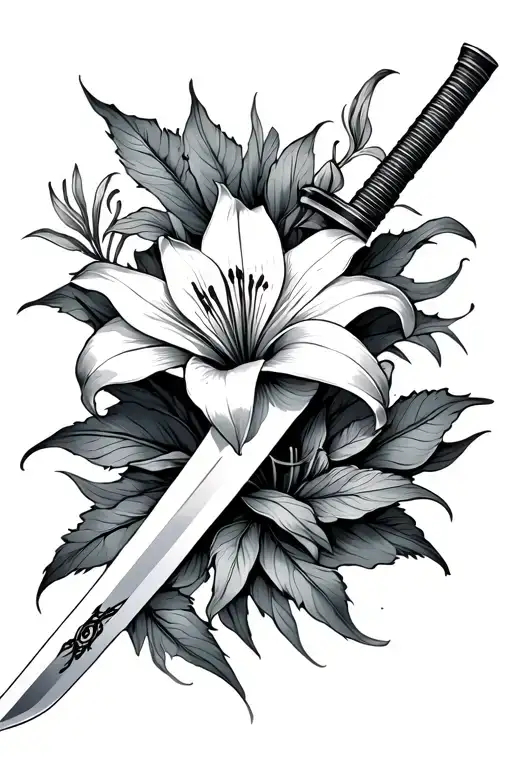 katana sword and death lily flower surrounded tattoo design idea