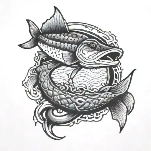 a northern pike swimming around an anchor cross tattoo design idea