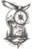 pine tree forest with stream and mountains with compass and dove with a father and son  tattoo design idea