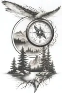 pine tree forest with stream and mountains with compass and dove with a father and son  tattoo design idea