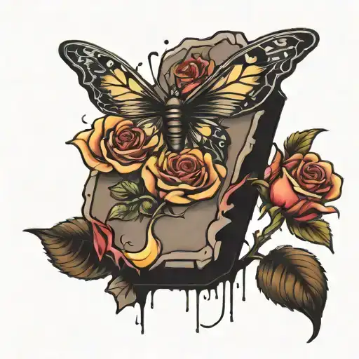 gravestone rose and butter fly tattoo design idea