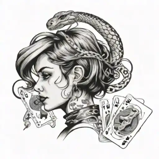 Girl with short hair, holding cards with aces. a snake goes around her neck and snake's head is on top of the cards tattoo design idea
