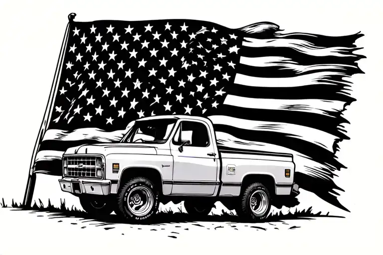 squarebody chevy truck in front of flag tattoo design idea