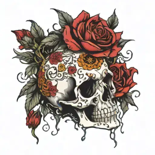 A terrific and calm soul coming out of the world of drama pain, and love filled with flowers , blood , skull and nature tattoo design idea