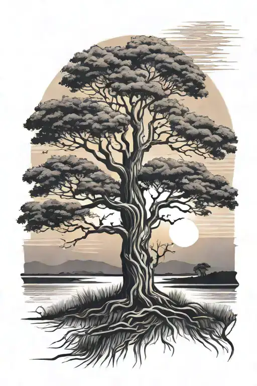 tree of savannah and sunset tattoo design idea