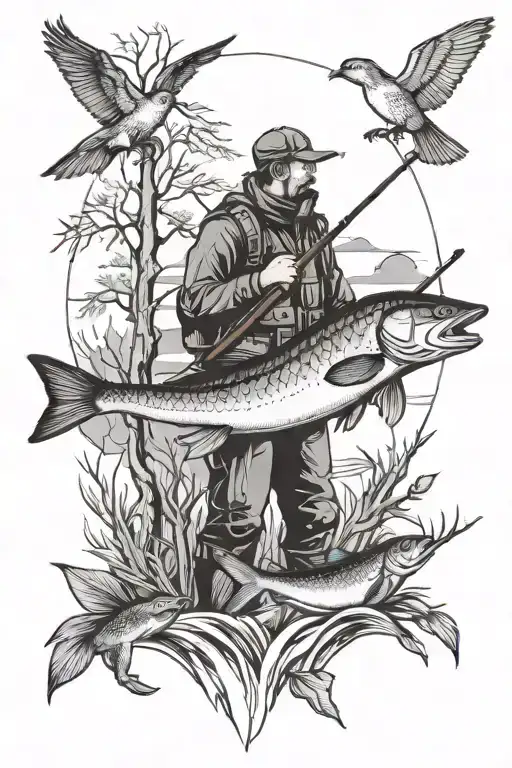 hunting and fishing scene memorial  tattoo design idea