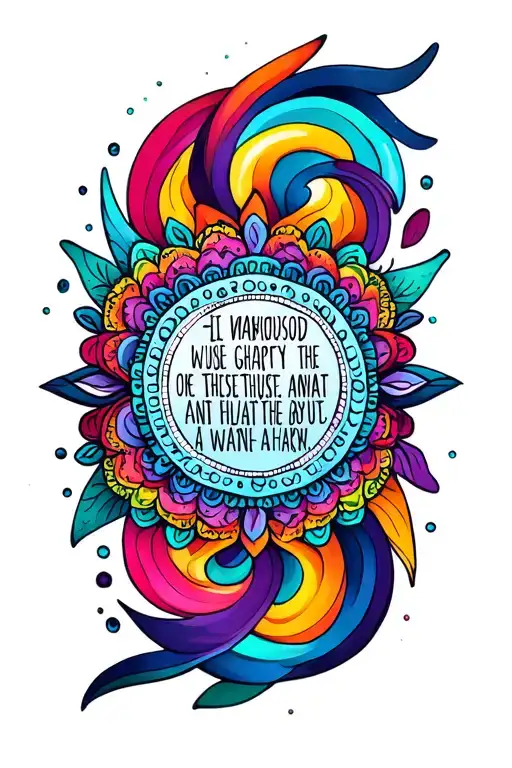 A tattoo of a colorful mandala design with a central quote about creativity and self-expression, surrounded by swirling patterns and abstract shapes tattoo design idea