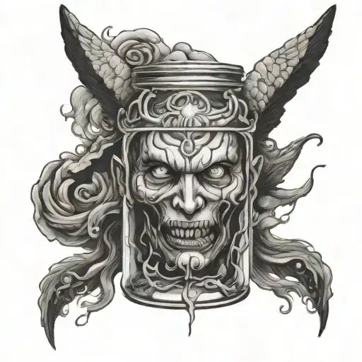 angelic face transitions into a demon face in a jar tattoo design idea