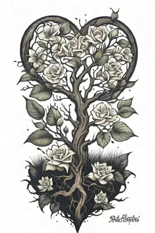 find someone who grows flowers in the darkest parts of you, heart, flower tree tattoo design idea