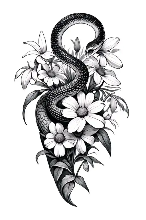 Snakes tattoo, the whole leg rash with flowers around the following flowers: snowdrops, violets, daisies tattoo design idea