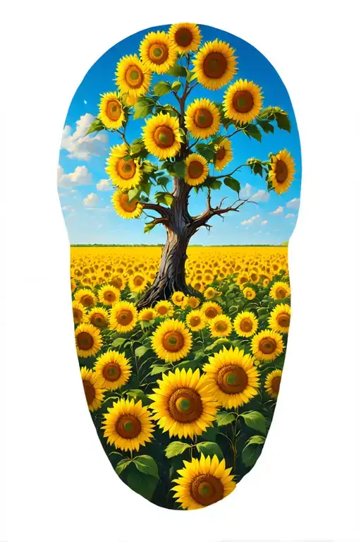 single dead oak tree in sunflower field with bright blue sky tattoo design idea