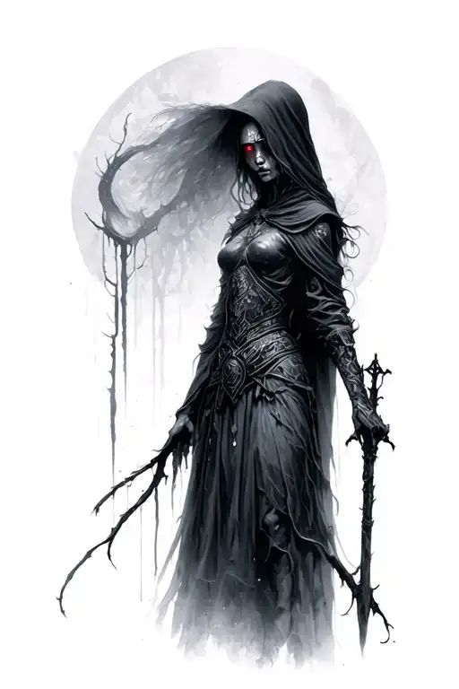 the Warden she is, non-human, solemn figure that emerges from the fog to watch over memories, loss. red eye glows  tattoo design idea