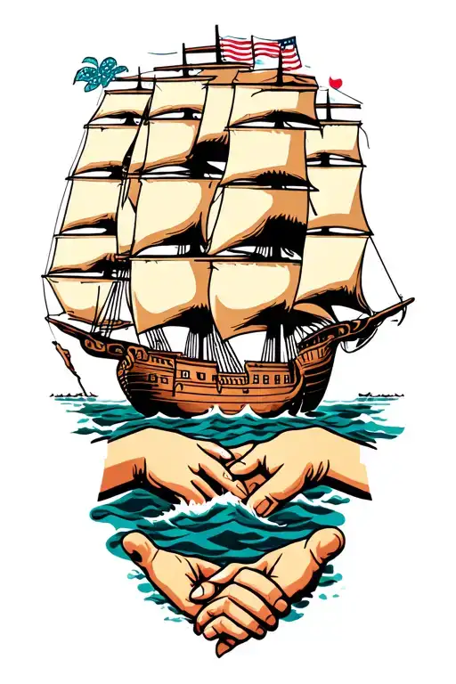 ship and family holding hands tattoo design idea