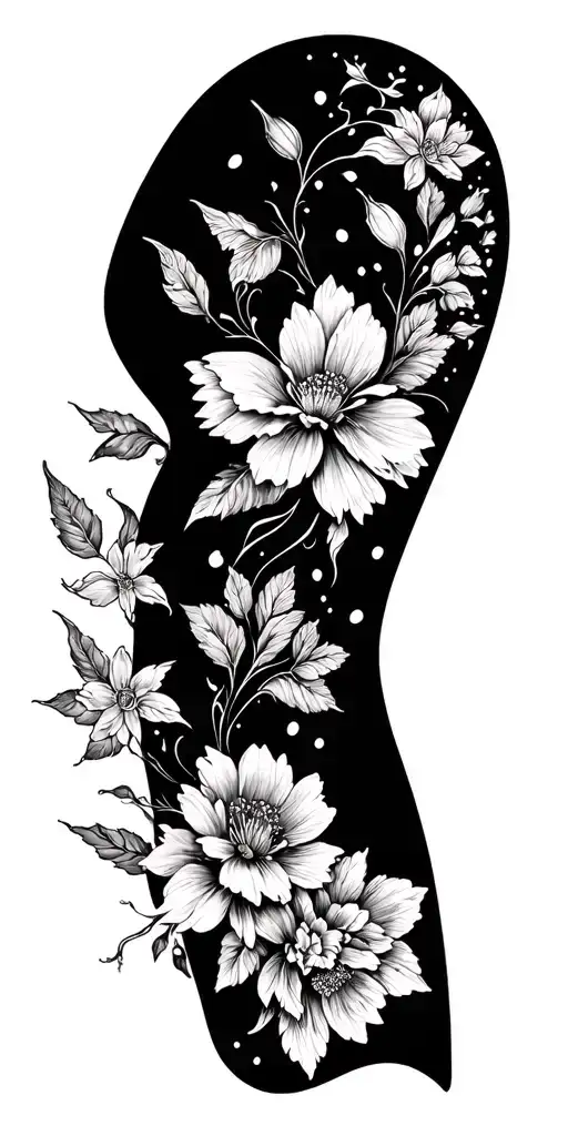 floral sleeve with negative space and black work and moth tattoo design idea