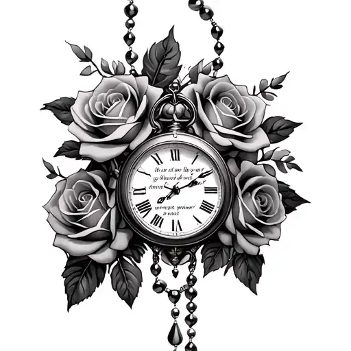 roses with clock and rosary with Lord's Prayer verse tattoo design idea