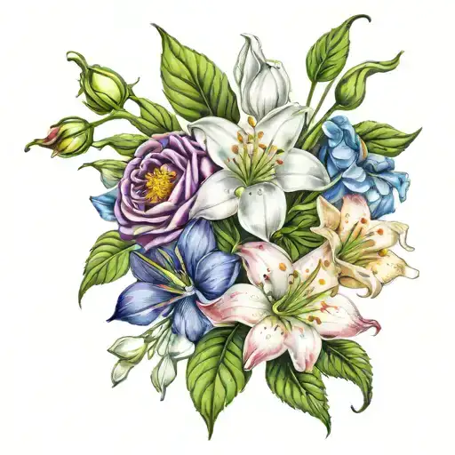1 snowdrop, 1 hawthorn, 2 roses, 1 morning glory and 1 chrysanthemums tattoo design idea