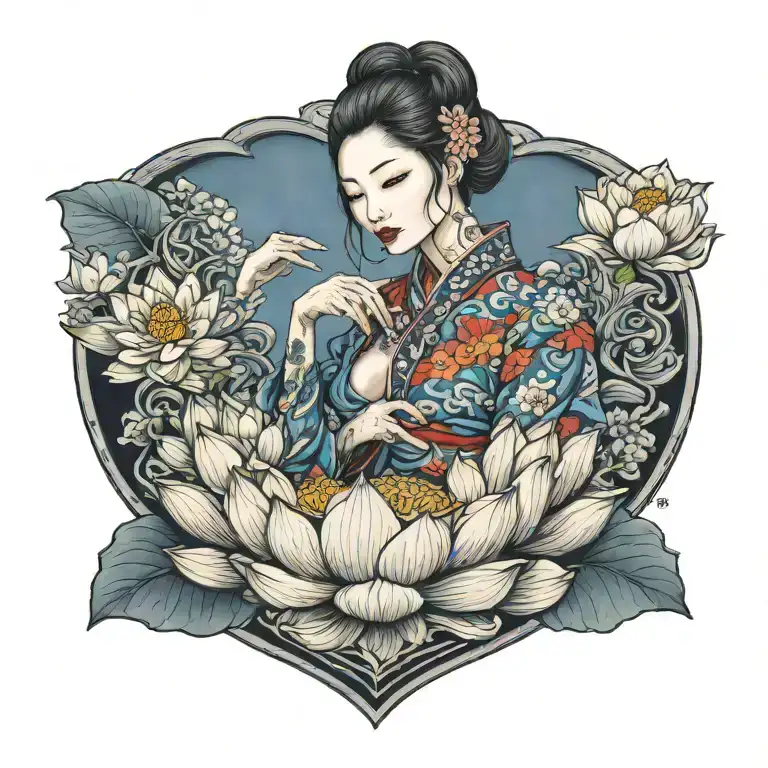 hyper realistic woman, sitting in a heart, holding a lotus flower, Colored, 3d tattoo design idea
