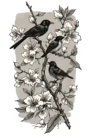 sideways skinny spooky scary cherry branch with minimal blossoms and four very small solid black birds sitting  tattoo design idea