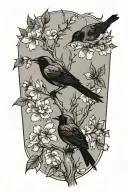 sideways skinny spooky scary cherry branch with minimal blossoms and four very small solid black birds sitting  tattoo design idea
