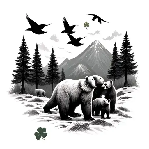 smoky mountains with trees, papa bear, momma bear, 2 baby bears, 2 flying birds,shamrocks on the ground tattoo design idea