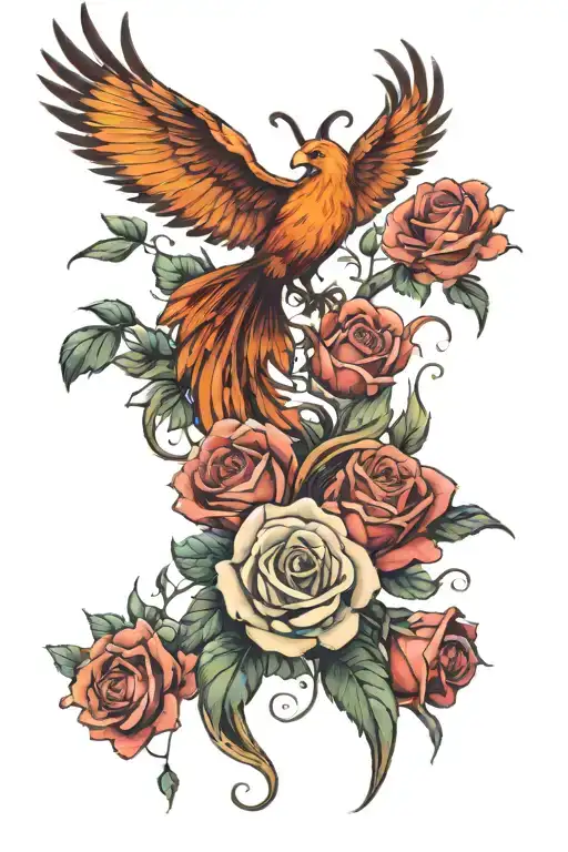 phoenix with roses and butterflies fluttering tattoo design idea