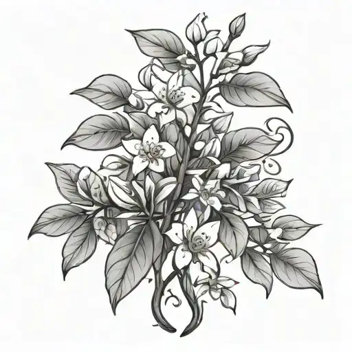 Vertical tattoo on the back of a jasmine plant with the word "Babylon" tattoo design idea