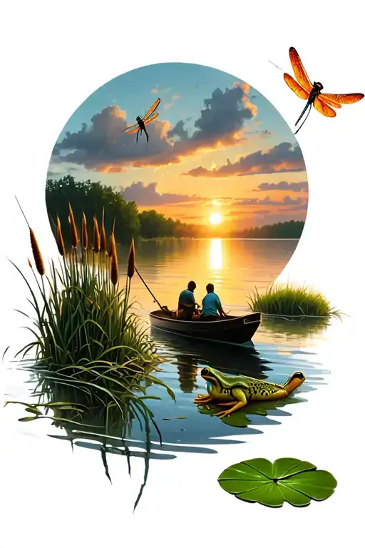 fresh water front during sunrise  with frog on lily pad and cattails and dragonflies with couple on boat fishing  tattoo design idea