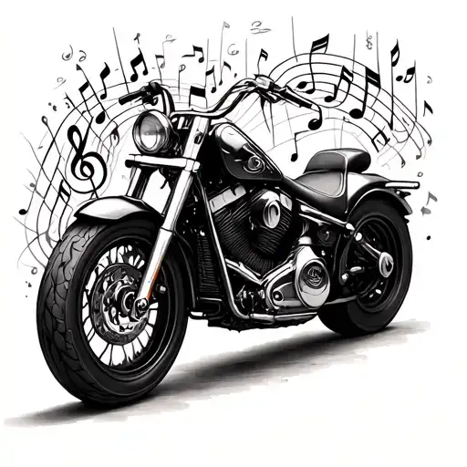 An intricate tattoo of a motorcycle surrounded by music notes and symbols representing mental health awareness tattoo design idea