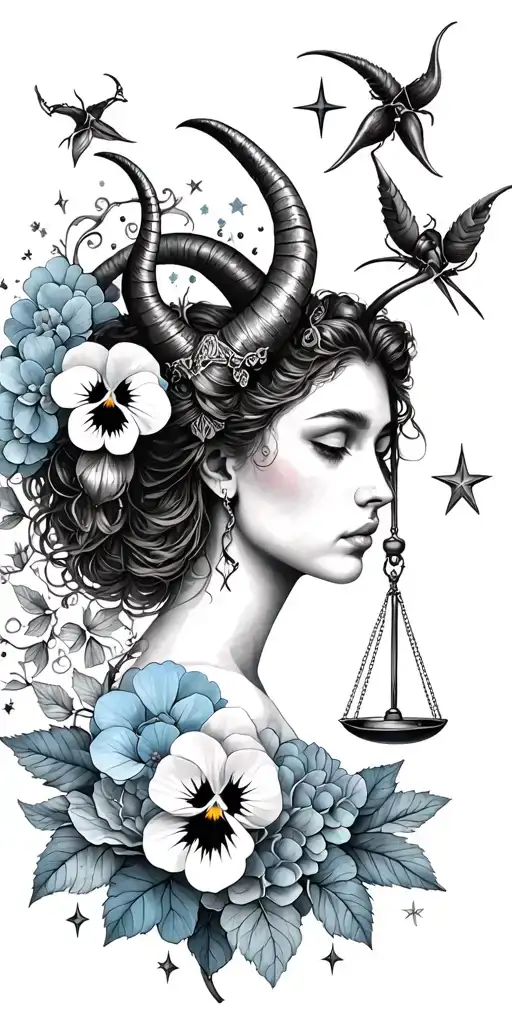 Capricorn woman with horns, LIBRA SCALES, pansy flower, large BEETLE, blue hydrangea petals, stars, zodiac tattoo design idea