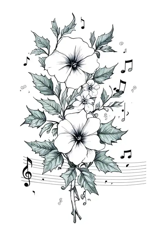 forget me not, morning glory and holly berry with leaves and music notes tattoo design idea