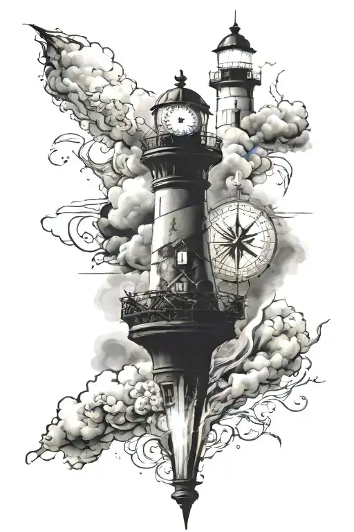 nautical compass lighthouse storm clouds tattoo design idea